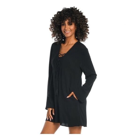 La Blanca Beachcomber Basics Lace Up V-Neck Tunic Swim Coverup in Black - Picture 7 of 12